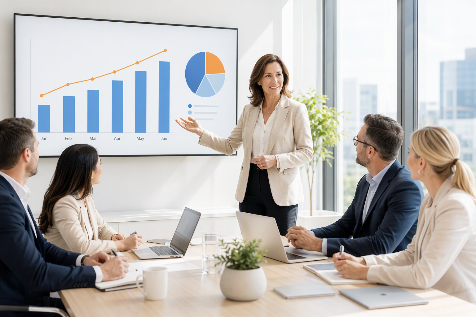Payroll manager presenting workforce and payroll insights to a team of business leaders in a modern boardroom